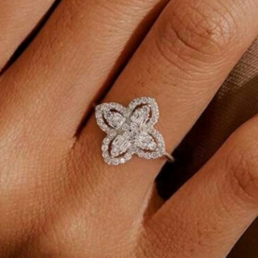 SS 925 Elegant Silver Four Leaf Clover Zirconia  Ring Adjustable!